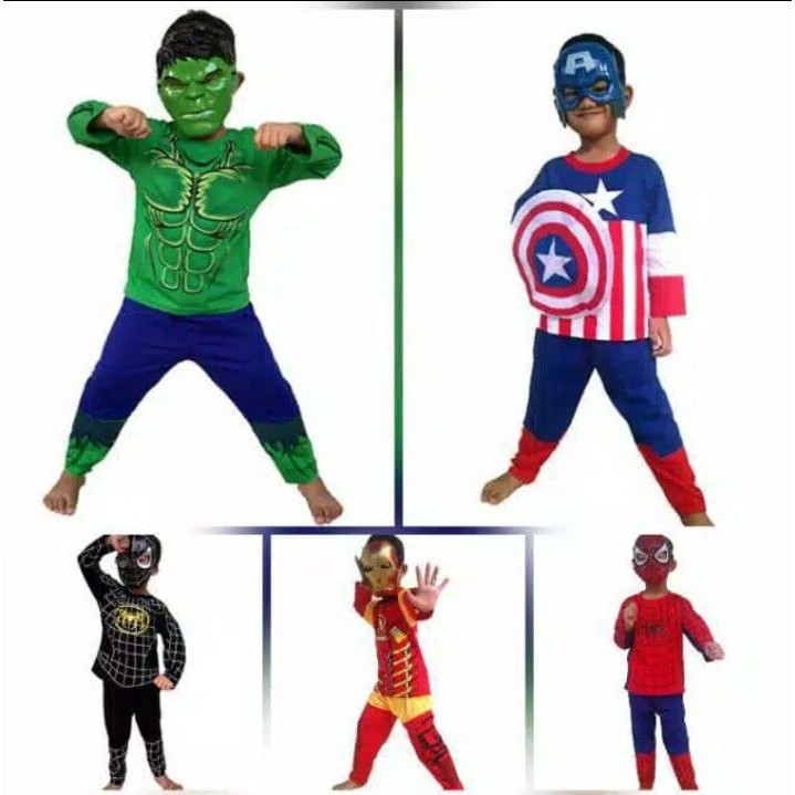 Kostum Baju Anak Avenger Spiderman Iron Man Hulk Captain America Venom Superhero GRATIS TOPENG