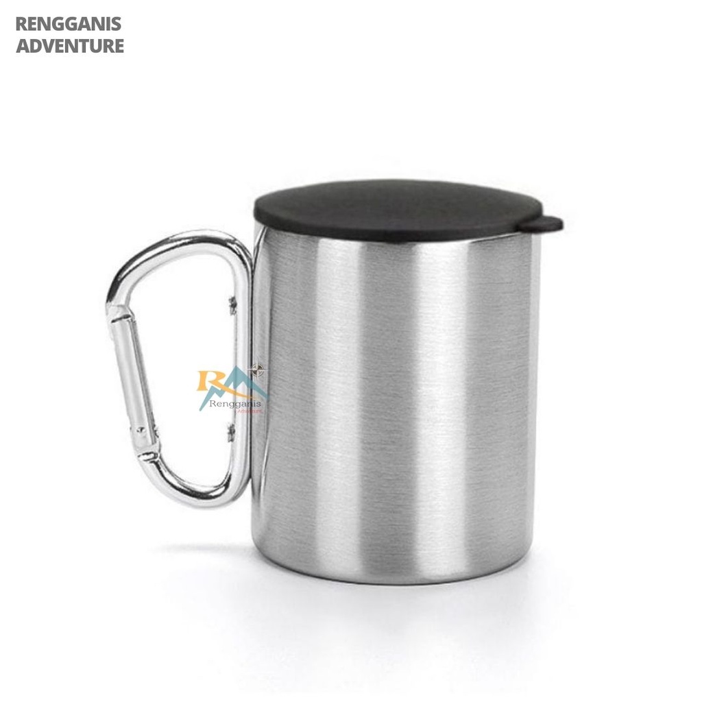 Mug Carabiner + Tutup 220 ML Mug stainless steel Camping Outdoor Gelas