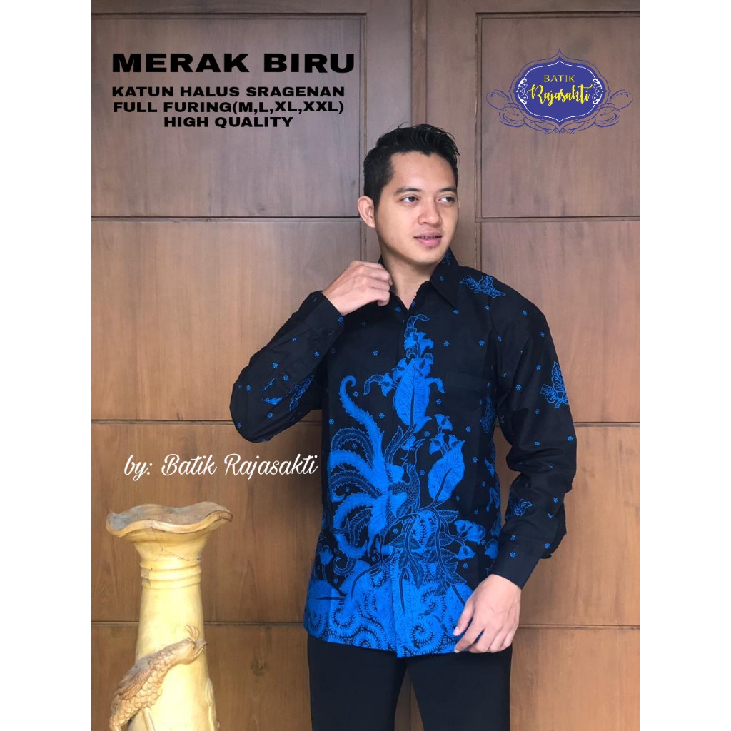 MERAK BIRU Kemeja Batik Pria Lengan Panjang Katun Halus FULL FURING Rajasakti