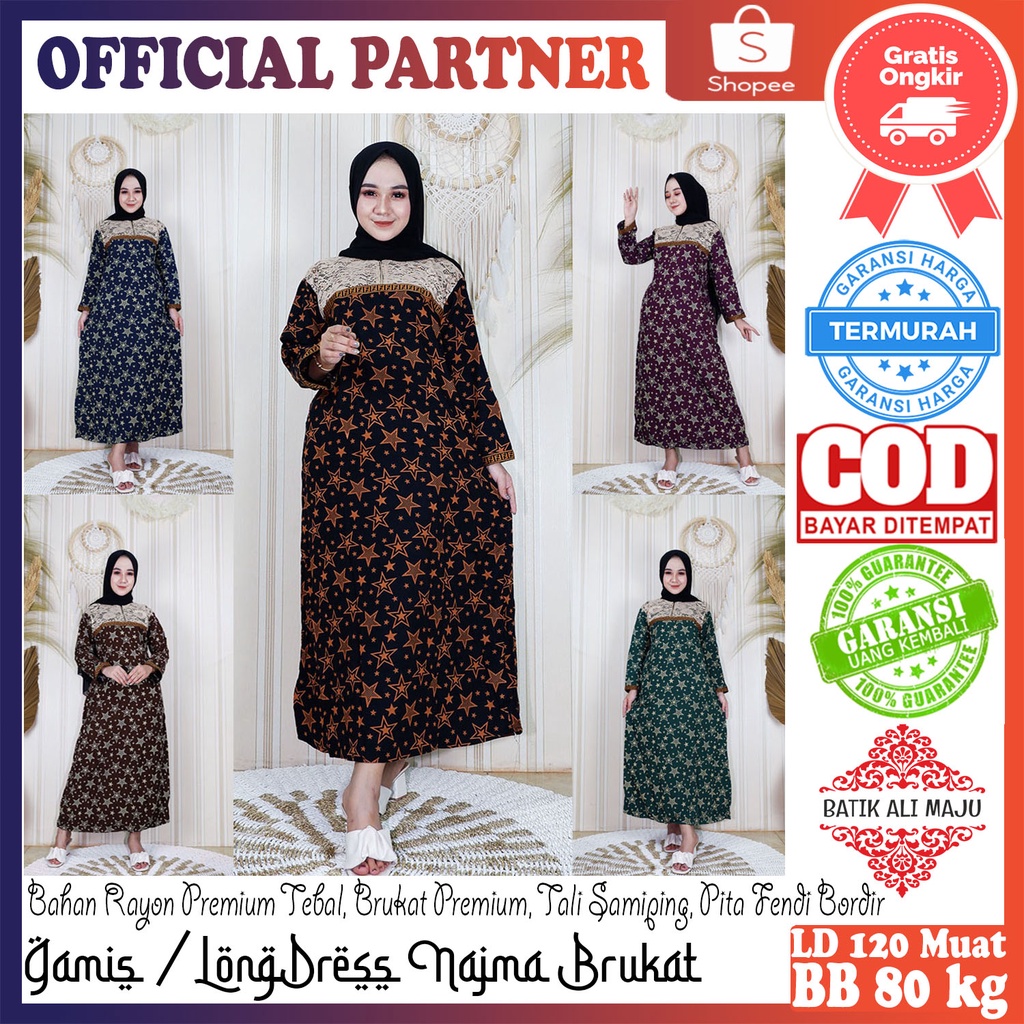 Gamis Muslimah - Baju Longdress Arab Renda NAJMA Adem Nyaman Rayon Batik - Cocok Untuk Ibu Remaja