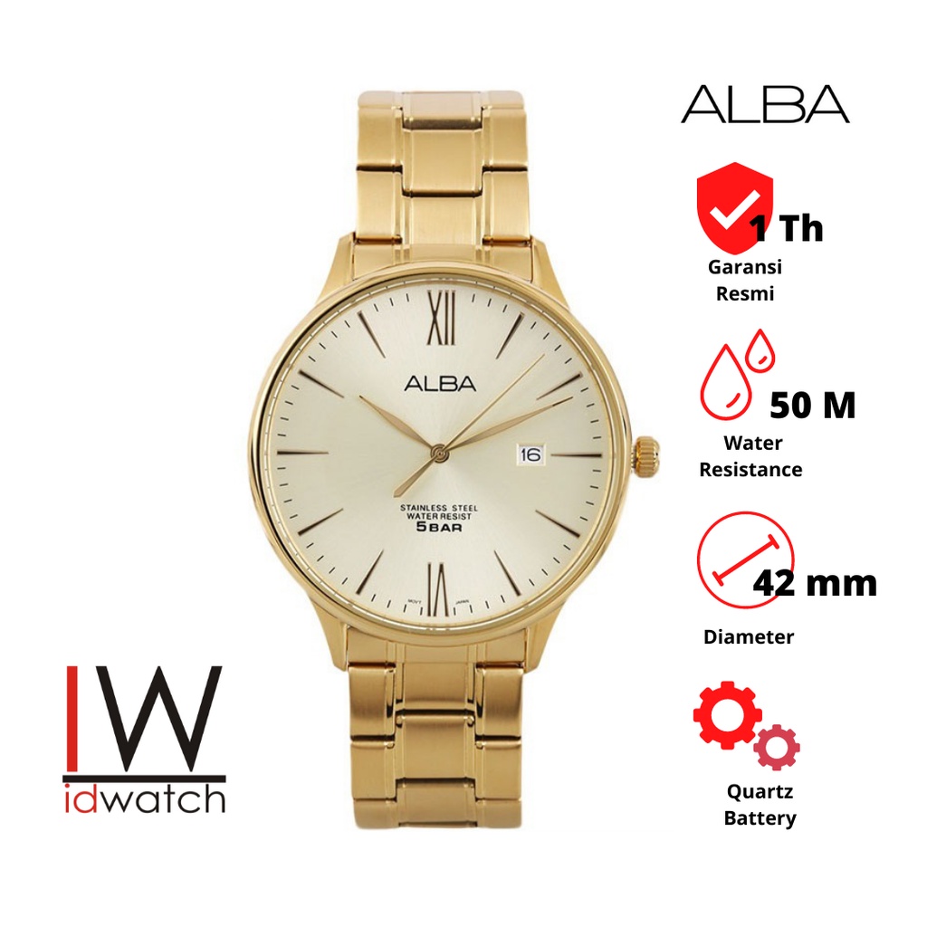 Alba AS9E82X1 Quartz Jam Tangan Pria Original AS9E82 Strap Rantai Stainless Steel Gold Cowok