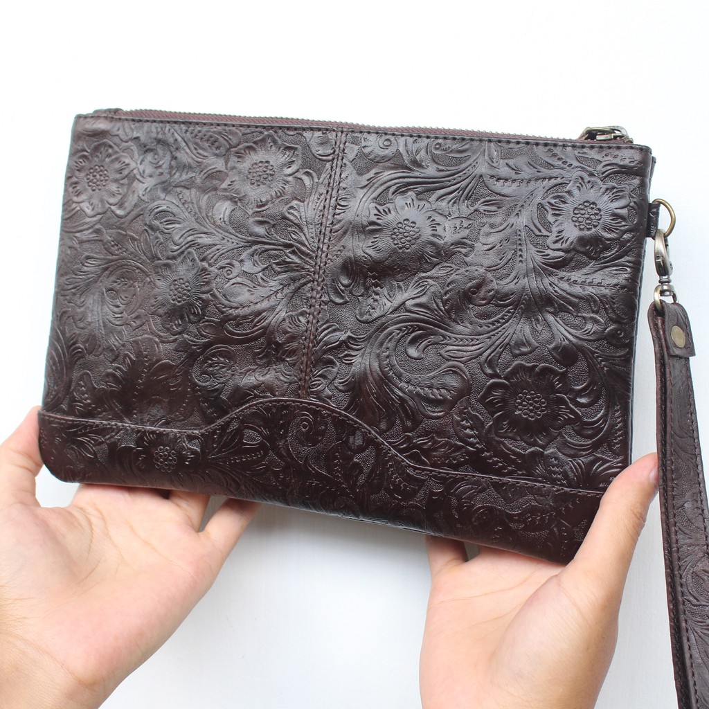 CLUTCH WANITA KULIT ASLI NEVARA BATIK DARK BROWN / FREE GRAVIR NAMA