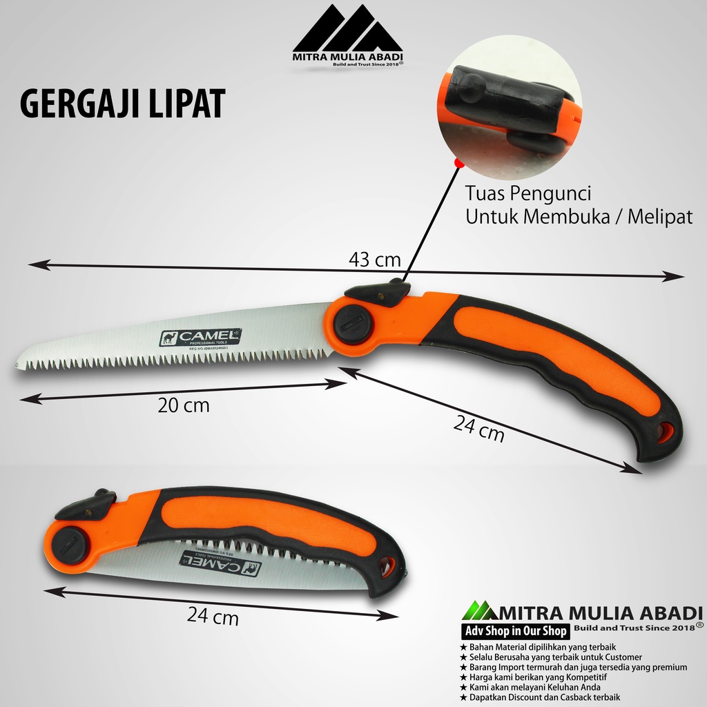 Gergaji Dahan Kayu Lipat Gagang Lengkung | Folding Saw 43 CM Stainless