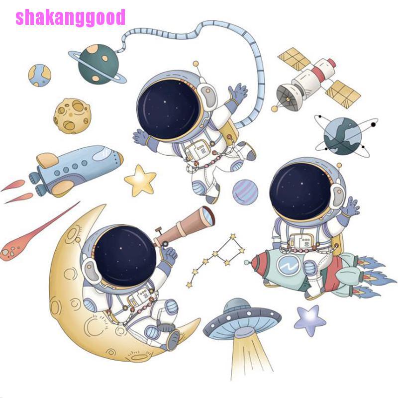 Stiker Dinding Desain Kartun Astronot Luar Angkasa Dapat Dilepas Untuk Dekorasi Kamar Anak