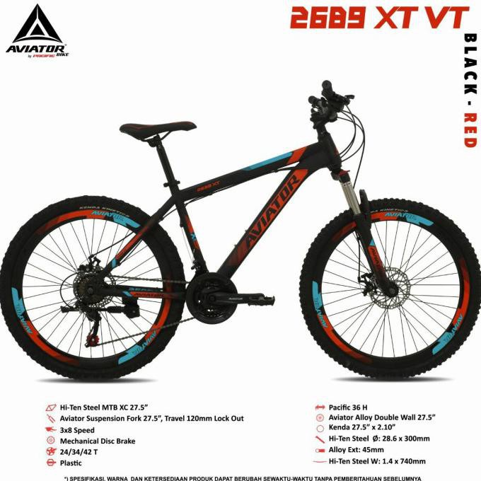 BIG PROMO Sepeda Gunung Mtb 27.5 Inch Aviator 2689 Xt Vt New Steel 24 Speed - Black Red
