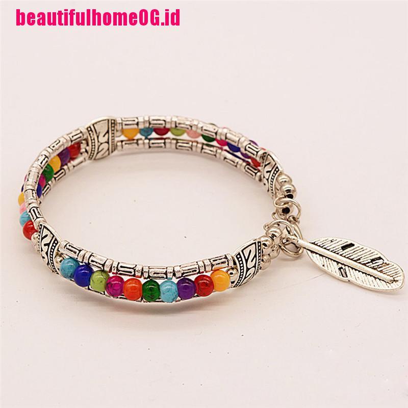 Gelang Vintage Bohemia Tibet Desain Bulu Hias Turquoise Untuk Wanita