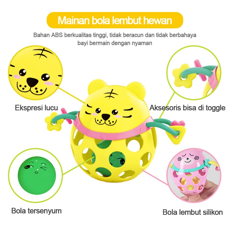 Mainan rattle bayi /Mainan bola karet lembut kartun/Baby Rattle Teether Soft Rubber Hand Ball  L207