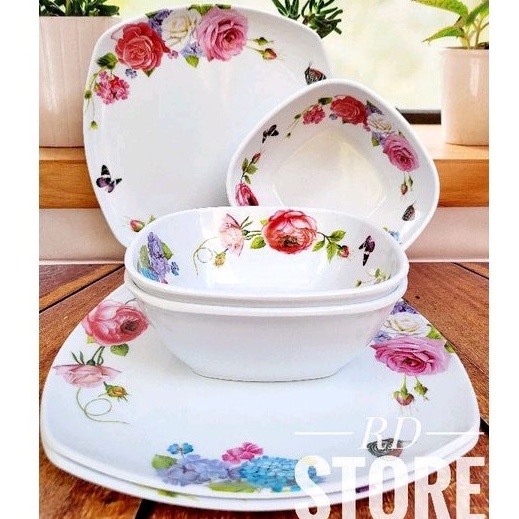 PROMO SET 6.PCS / ISI 3.PIRING &amp; 3.MANGKOK MOTIF ROSE MELAMINE