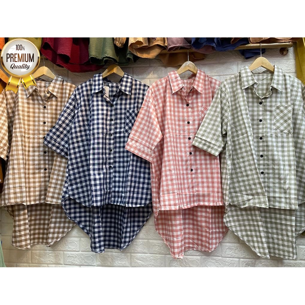 KEMEJA WANITA LENGAN PENDEK BAHAN KATUN MOTIF KOTAK KOTAK