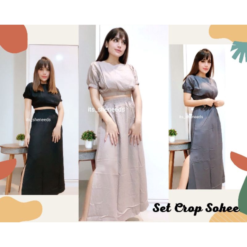 Set Crop Sohee / atasan crop / crop top / rok panjang belahan / summer set murah/ setelan