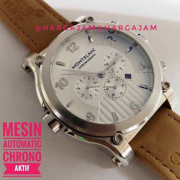 BARU Jam Tangan Pria Automatic Montblanc Full Silver M2232 Leather Soft Brown