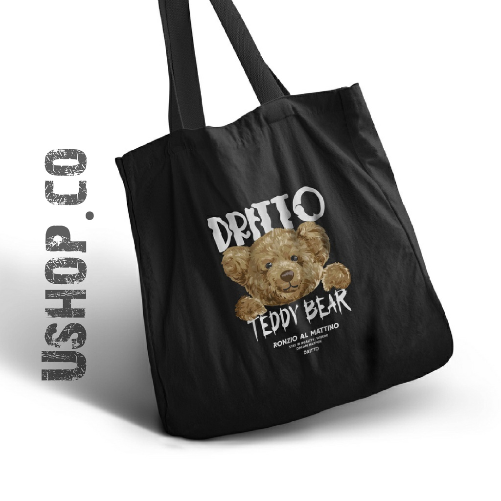 Totebag Kanvas DRT - Tote Bag Unisex (Teddy Bear) - Hitam