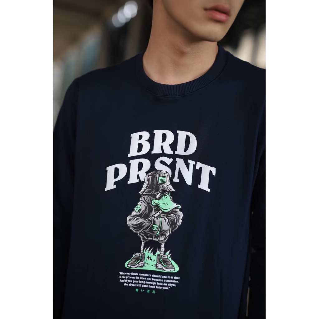 BRAD PRESENT ORIGINAL Sweater Crewneck Sweatshirt cowok warna navy with duck series art seri D10092