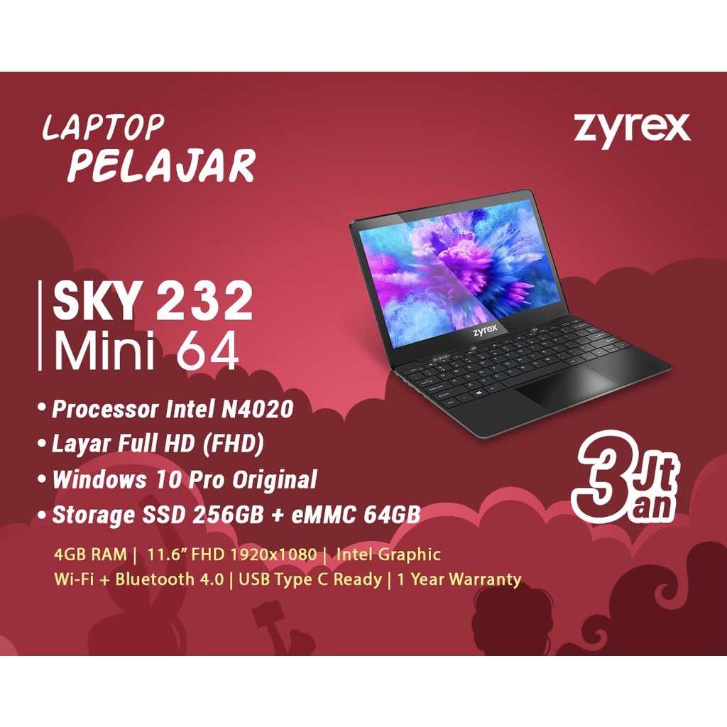 Notebook Zyrex Sky 232 - N4020 4GB SSD256+64GB 11.6FHD Windows10 Pro