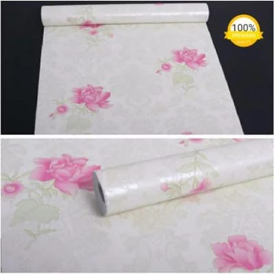 Wallpaper stiker dinding motif bunga pink dasar cream