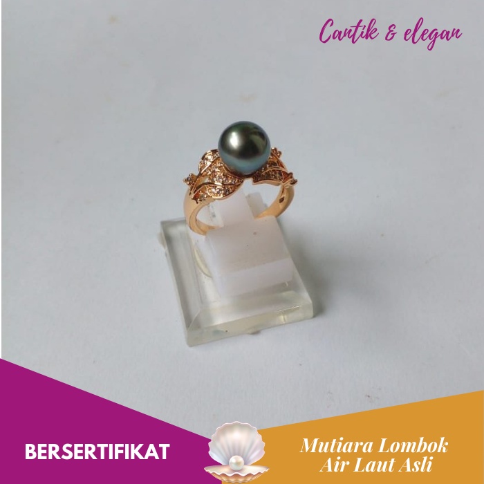Perhiasan Cincin Mutiara Lombok Asli Air Laut Hitam Grade A Bersertifikat CML058