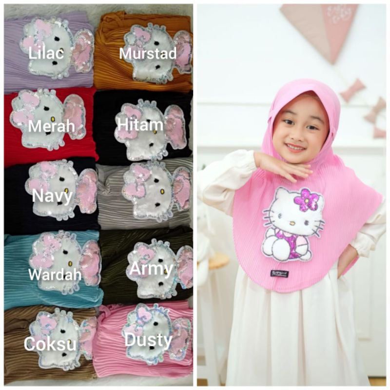 HIJAB BERGO PED PLISKET ANAK MOTIF HELLO KITTY LED USAP