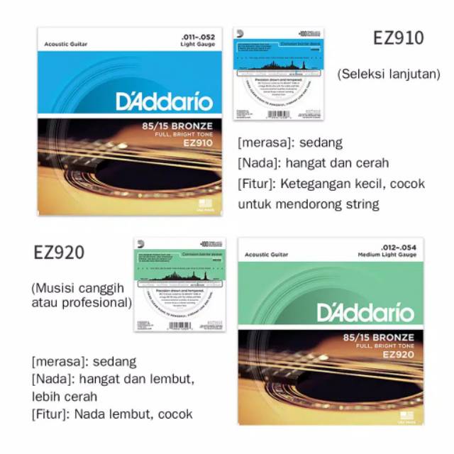 Senar Gitar Daddario D'addario Akustik String EZ890 EZ900 EZ910 EZ920-3