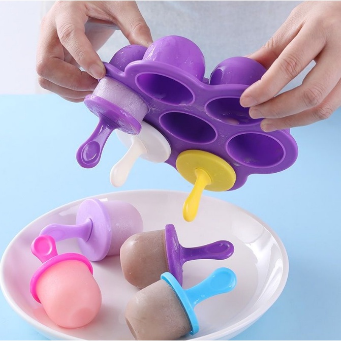 cetakan es cream silikon bulat isi 7 cups / Baby Popsicle Molds Fruit Ice Pop Maker DIY Ice Cream Maker Cetakan Es Krim Stik Lolipop / Cetakan Es Loli / Buah / Makanan Bahan Silikon Dengan 7 Lubang