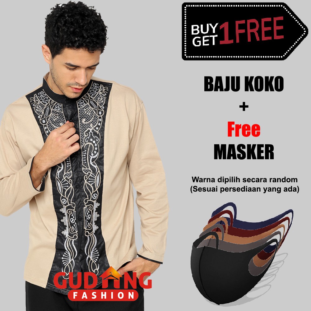 Baju Koko Pria Muslim Lengan Panjang Plus Free Masker