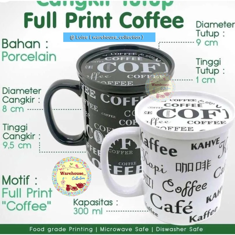 Mug /Cangkir + Tutup Full Print Coffee Keramik / Gelas Kopi black or white per-pcs