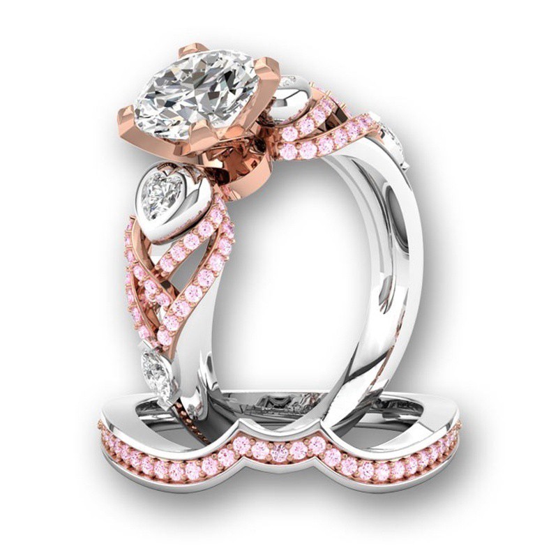 SEUSUK  Fashion Silver Rose Gold Padded Pink and White Sapphire Heart-shaped Bridal COD Ring