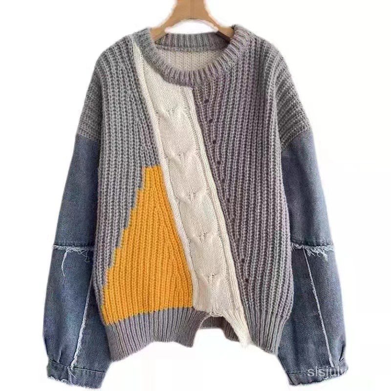 #Sisjuly# Sweater Denim Longgar Wanita Baru Sweater Pullover Wanita Blok Warna Rajut