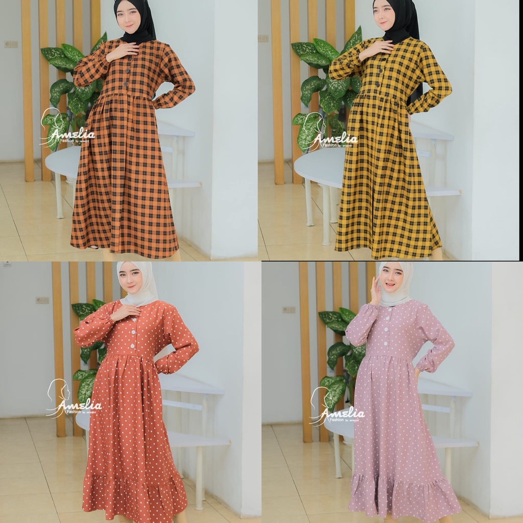 Midi Dress ori Amelia motif polka dan kotak square model cantik fashionable