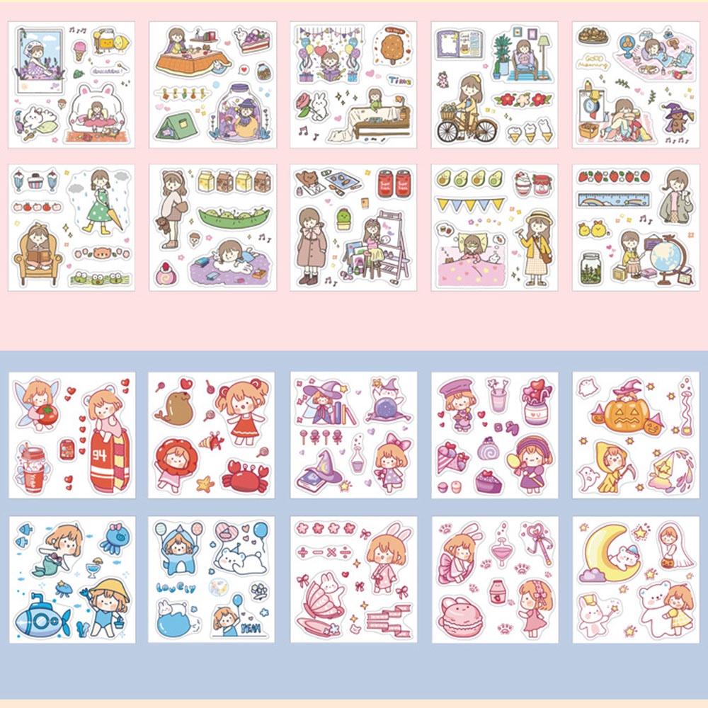 ELEGANT 100 pcs/box Kawaii Sticker Set Cute Pink Yellow Green Stationery PET Decorative Sticker DIY Scrapbooking Waterproof Bear Bunny Rabbits Cartoon Drink Food Animals Girls Pattern Vitality Magic Adhesive Decals