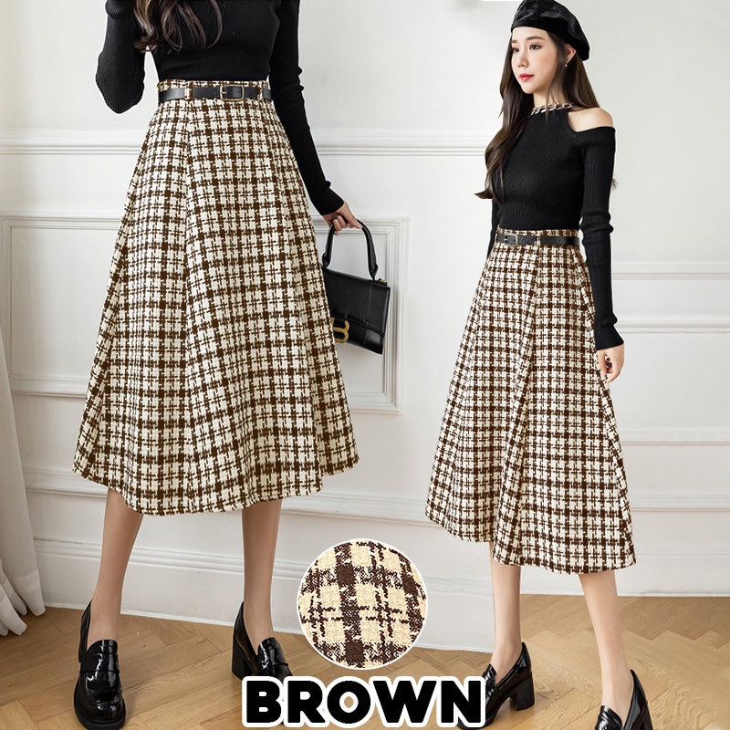 KARAKOREA 7702 Tweed Banding Skirt with Belt/Rok Midi/Korean Skirt/Rok Tweed Tebal/Rok Korea Skirt/Rok Panjang/Rok Tebal/Rok Kerja