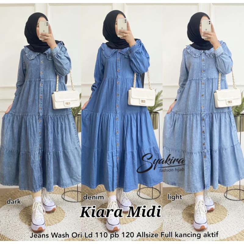 KIARA MIDI DRESS JEANS WANITA/dress wanita terbaru/syakira/COD