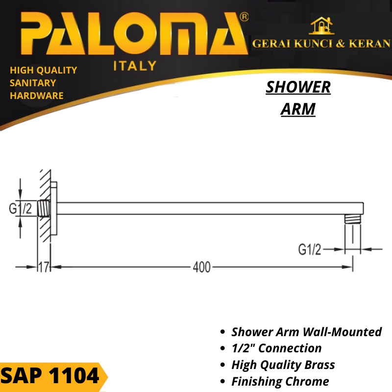 PALOMA SAP 1104 SHOWER ARM SAMBUNGAN KEPALA RAIN SHOWER BRASS CHROME