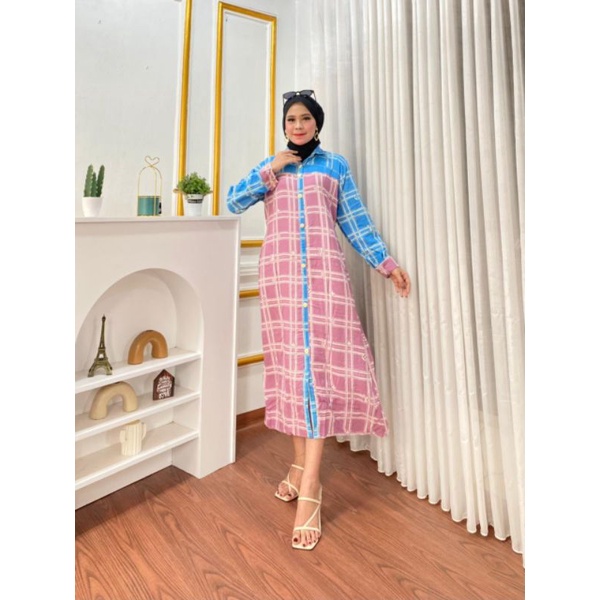 DRESS PANJANG MOTIF KOTAK BAJU VIRAL MIDI DRESS RAYON KANCING DEPAN