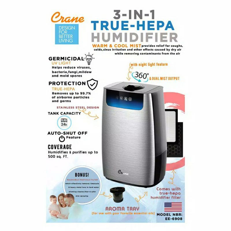 CRANE 4 IN 1 AIR PURIFIER AND HUMIDIFIER / Crane Humidifier 4 in 1 True Hepa EE-6908 / crane / PENGHARUM RUANGAN / PENYEGAR UDARA / PURIFIER / KESEHATAN UDARA / HEPA FILTER / IONIZER / ESSENTIALS OIL / ORIGINAL / BARU / CRANE MURAH / GARANSI RESMI