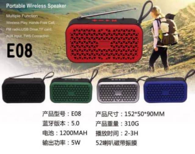 Speaker Bluetooth E08 FM Radio Super Bass Speaker Wireless Bluetooth E08 Extrabass