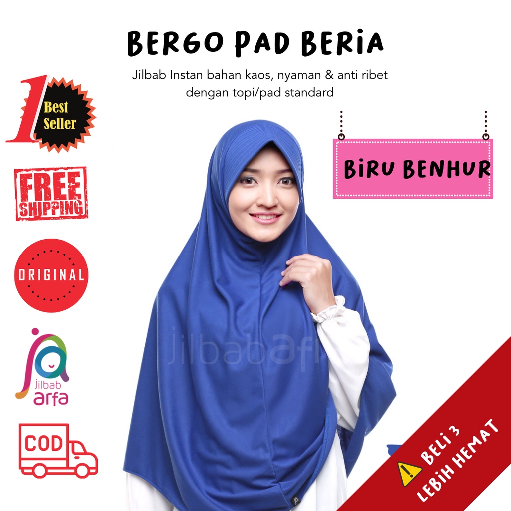 Jilbab Beria Biru Benhur- Bergo Jilbab Afra - Hijab Instan Bahan Kaos, Adem & Lembut