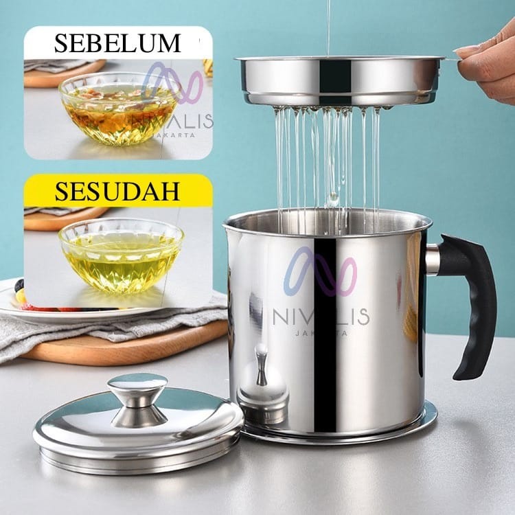 MiIDOSO Oil Pot Wadah Saringan Minyak Stainless Steel 1.3 Litter