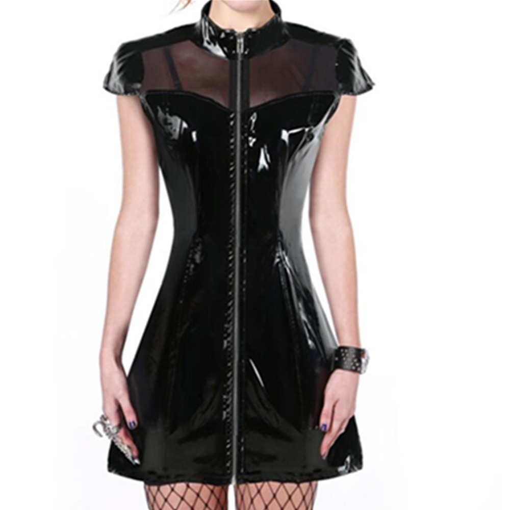 Sexy  Mesh See Through Vinyl PVC Leather Mini Dress Women Slim Wetlook Latex Party Dress Clubwear We