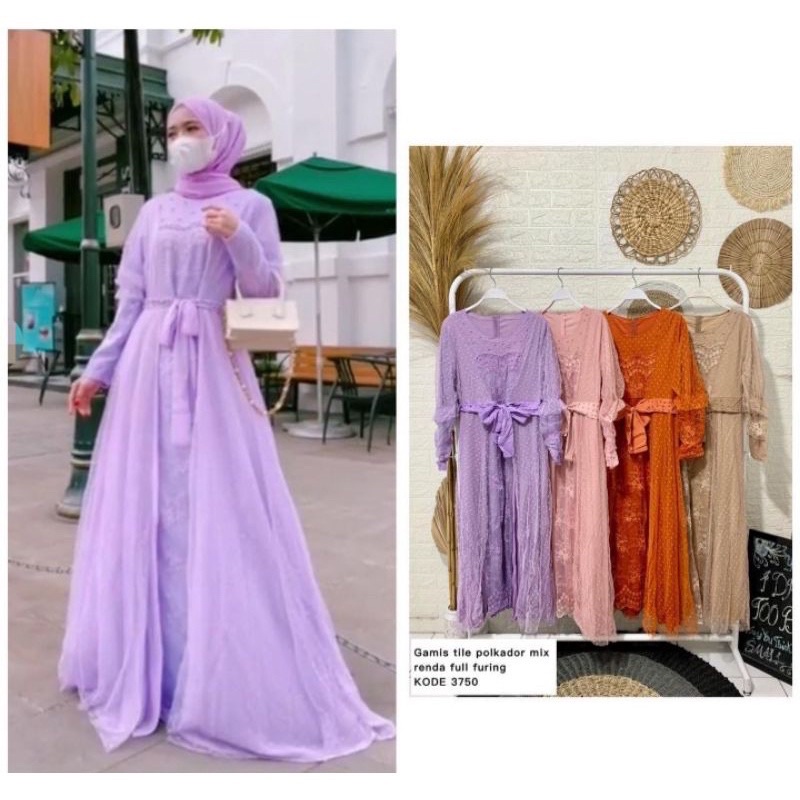 Gamis import tile polkadot mix brukat renda