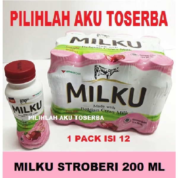 MILKU Susu UHT Rasa STROBERI 200 ml - (1 pack isi 12 botol)