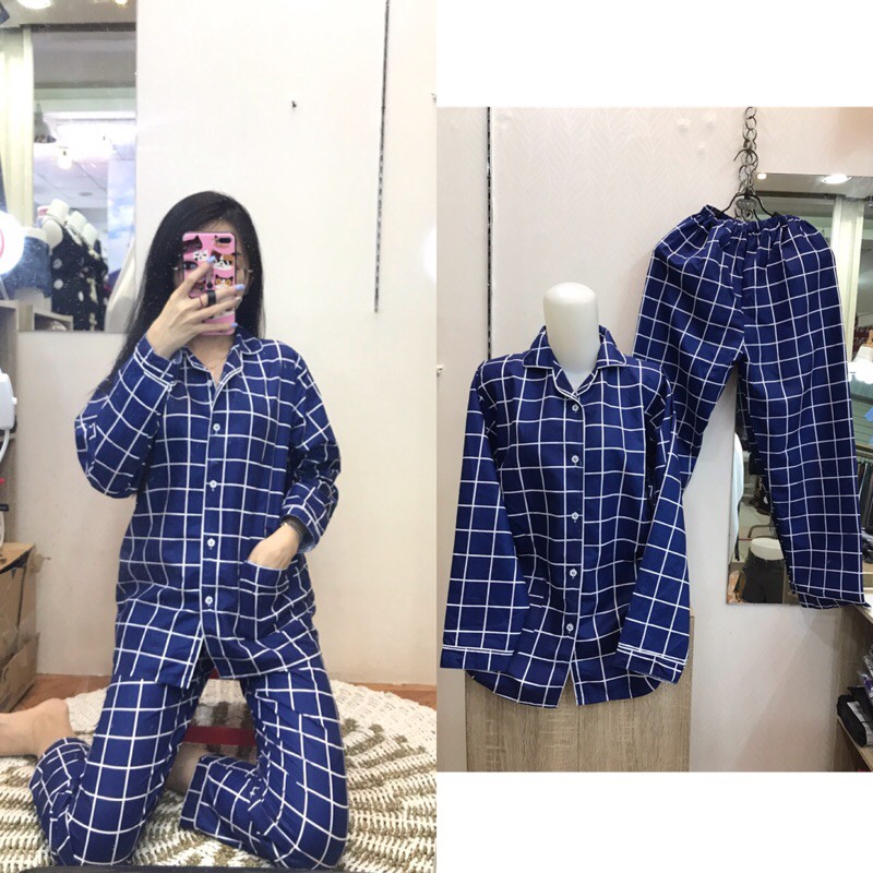 piyama/pajamas kotak&quot; PP katun navy murah.homewear/sleepwear/bajutidur cwe PP tartan biru kekinian