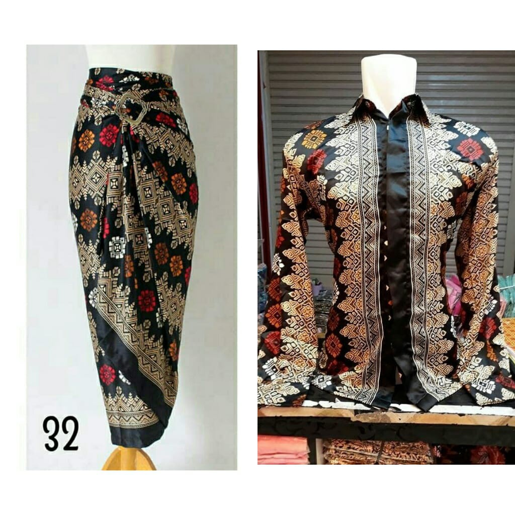 Setelan Couple Rok Lilit Bawahan Kebaya dan Kemeja Panjang Aneka Motif