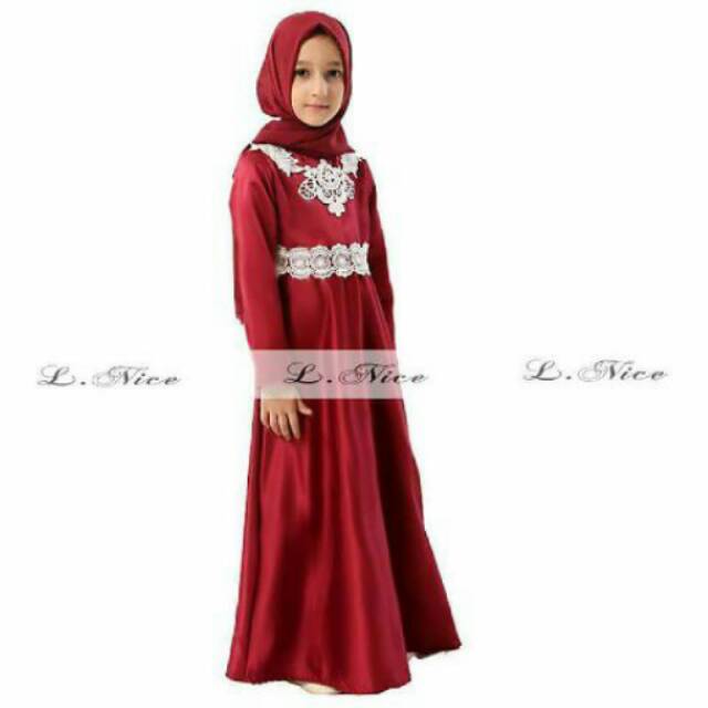 Gamis Anak Perempuan Alzheera Pashmina Maroon KIDS Set 2in1 (dress, kerudung)