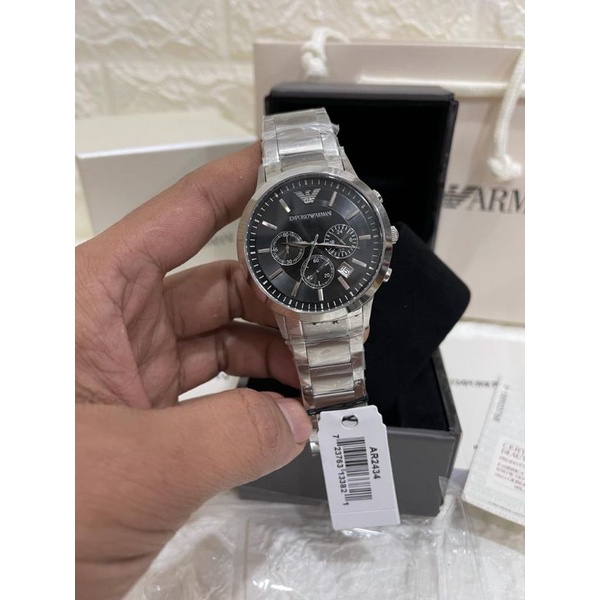 Jam Tangan Pria Emporio Armani Horloge AR2434 Chronograph Stainless Original Hitam Putih Rantai asli