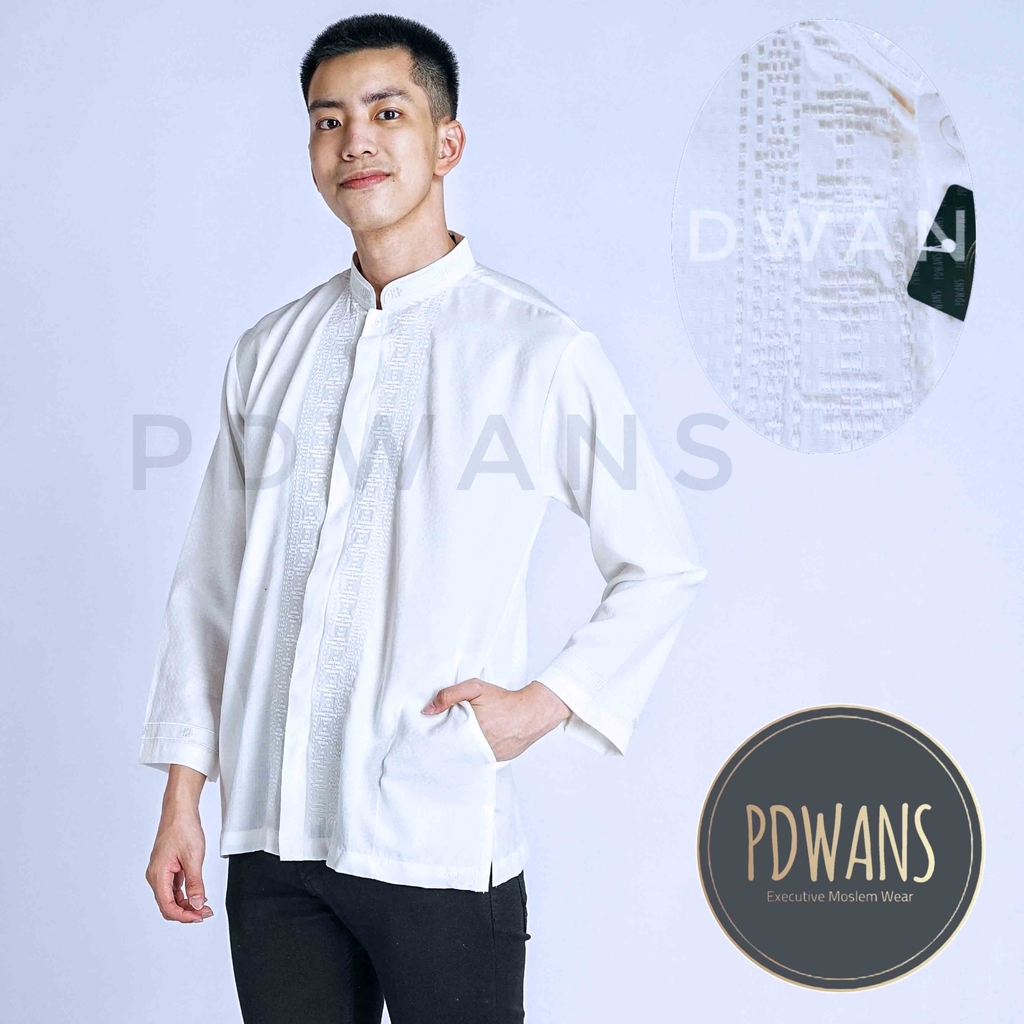 Baju Koko Muslim Dewasa Lengan Panjang Kemeja Koko Bordir Putih Tulang PDWANS - RDPJG02-2
