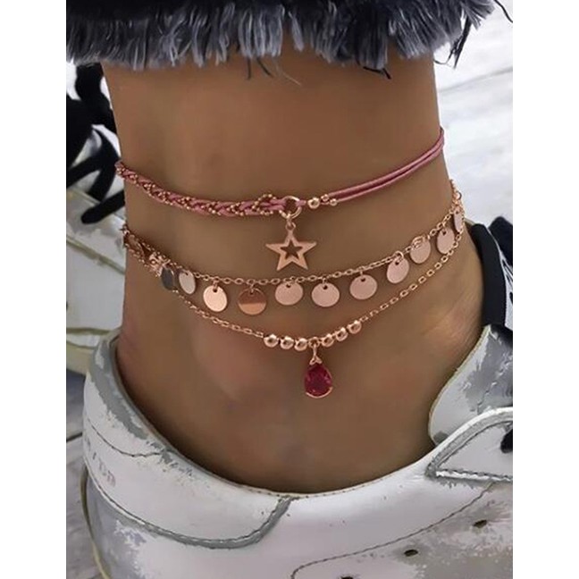 LRC Gelang Kaki Fashion Gold Alloy Disc Diamond Diamonding Hollow Line Rope Star Multilayer Anklet