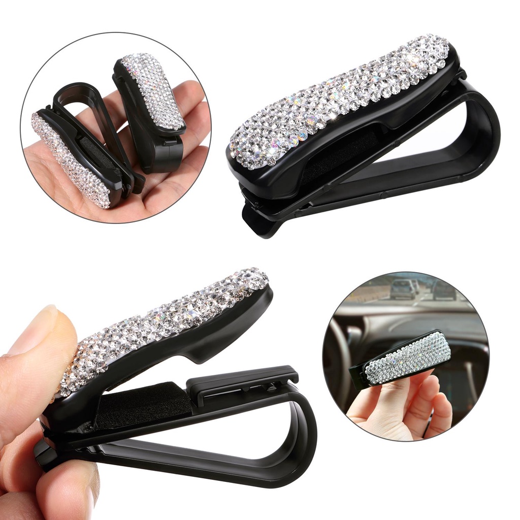 Populer 1pcs Tempat Kacamata Untuk Aksesoris Mobil Berlian Imitasi Universal Visor Card Eyeglasses Hanger