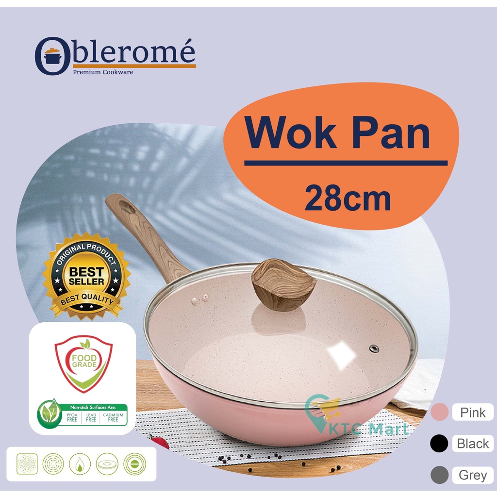 OBLEROME - Deep Pan Marble Granite 28 CM + Tutup Kaca Wok Pan Granite| Premium Cookware