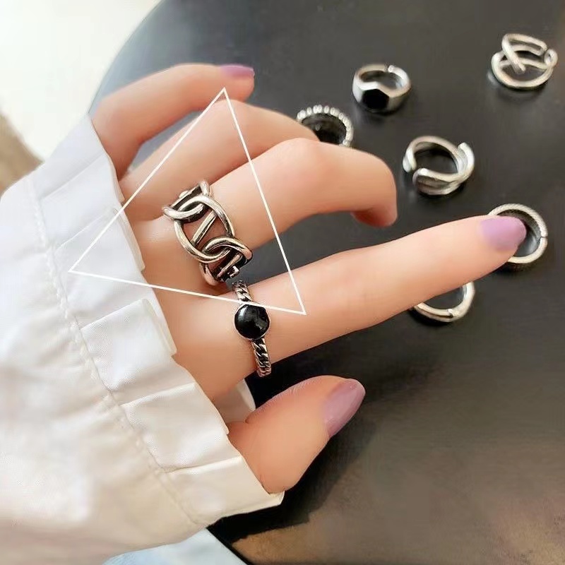 IFYOU 7pcs / set Cincin Rantai Geometris Bentuk Hati Warna Silver Gaya Vintage Untuk Wanita