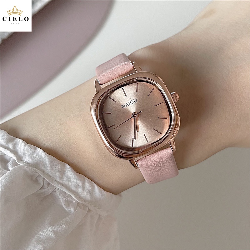 Cielo【COD】Automatic Watch Arloji Untuk Wanita dengan kotak Tali Kulit Klasik Stainless Square ORI Ins